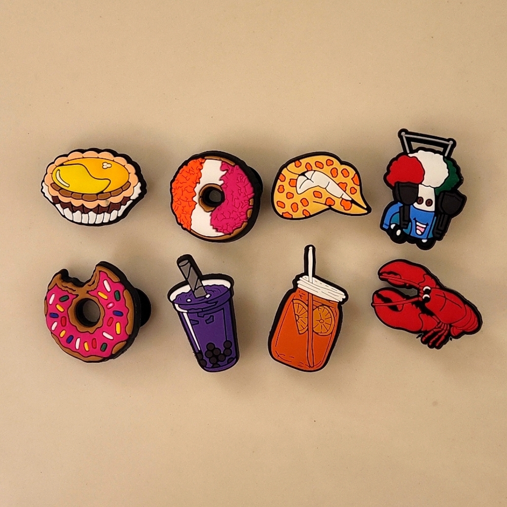 8 Croc Jibbitz food, donut, drink, pie, lobster